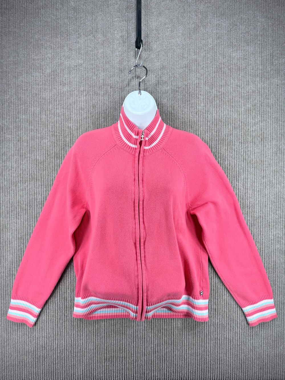 IZOD Pink Full Zip Knit Sweater Jacket Striped XL